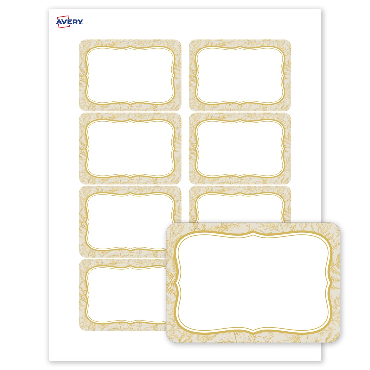 Avery® Printable Adhesive Name Badges, 2-1/3" x 3-3/8", Pre-printed Flourished Metallic Gold Florals Design, Matte White, Laser & Inkjet Compatible, 80 Total